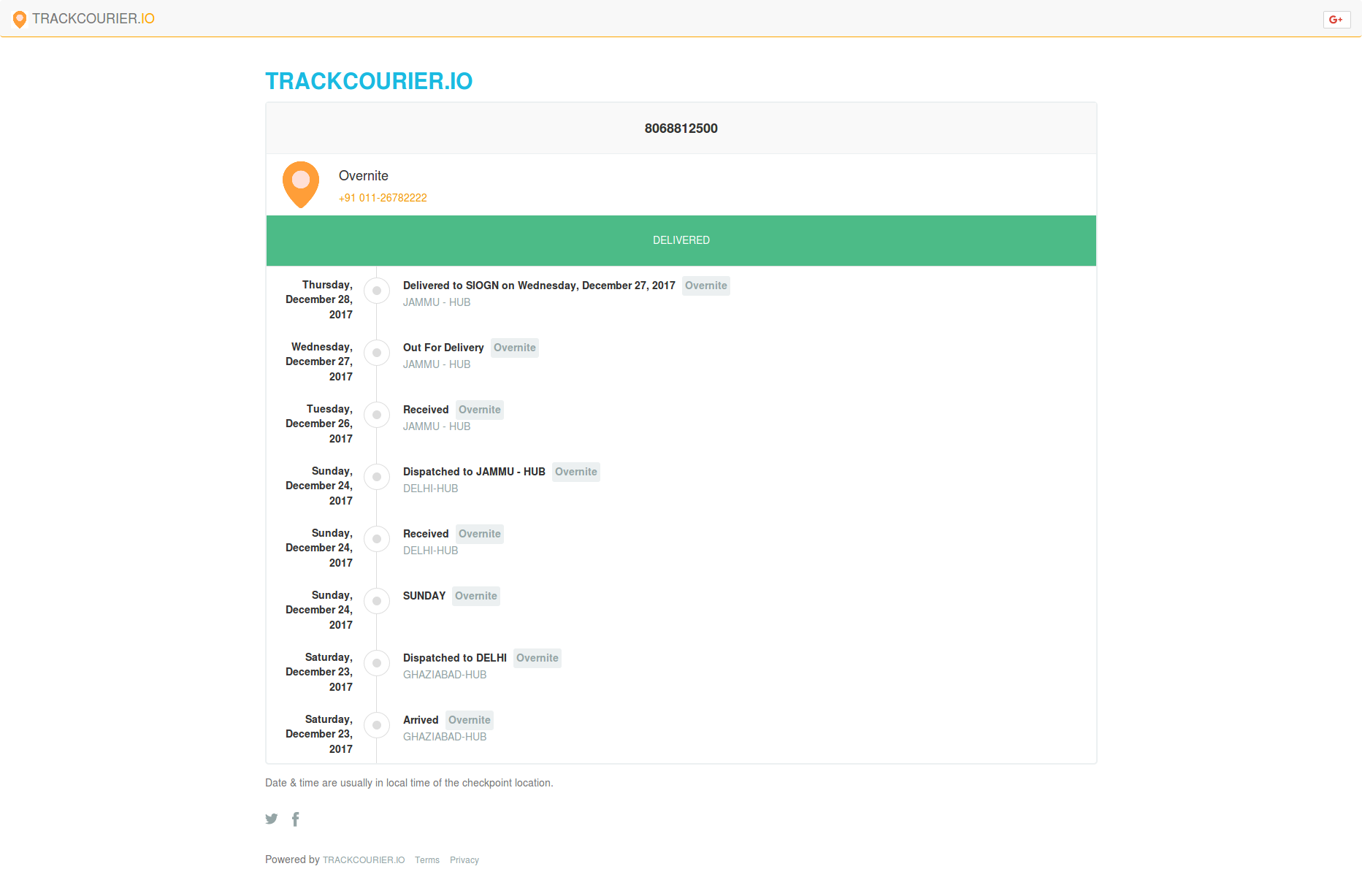 Overnite courier tracking sample snapshot